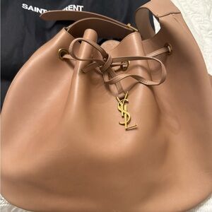 Saint Laurent Brown Leather Bucket Bag with Gold Accents